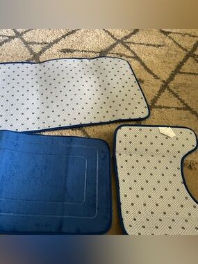 “3 Pc Blue Bathroom Rug Set Non-Slip Bath Mats